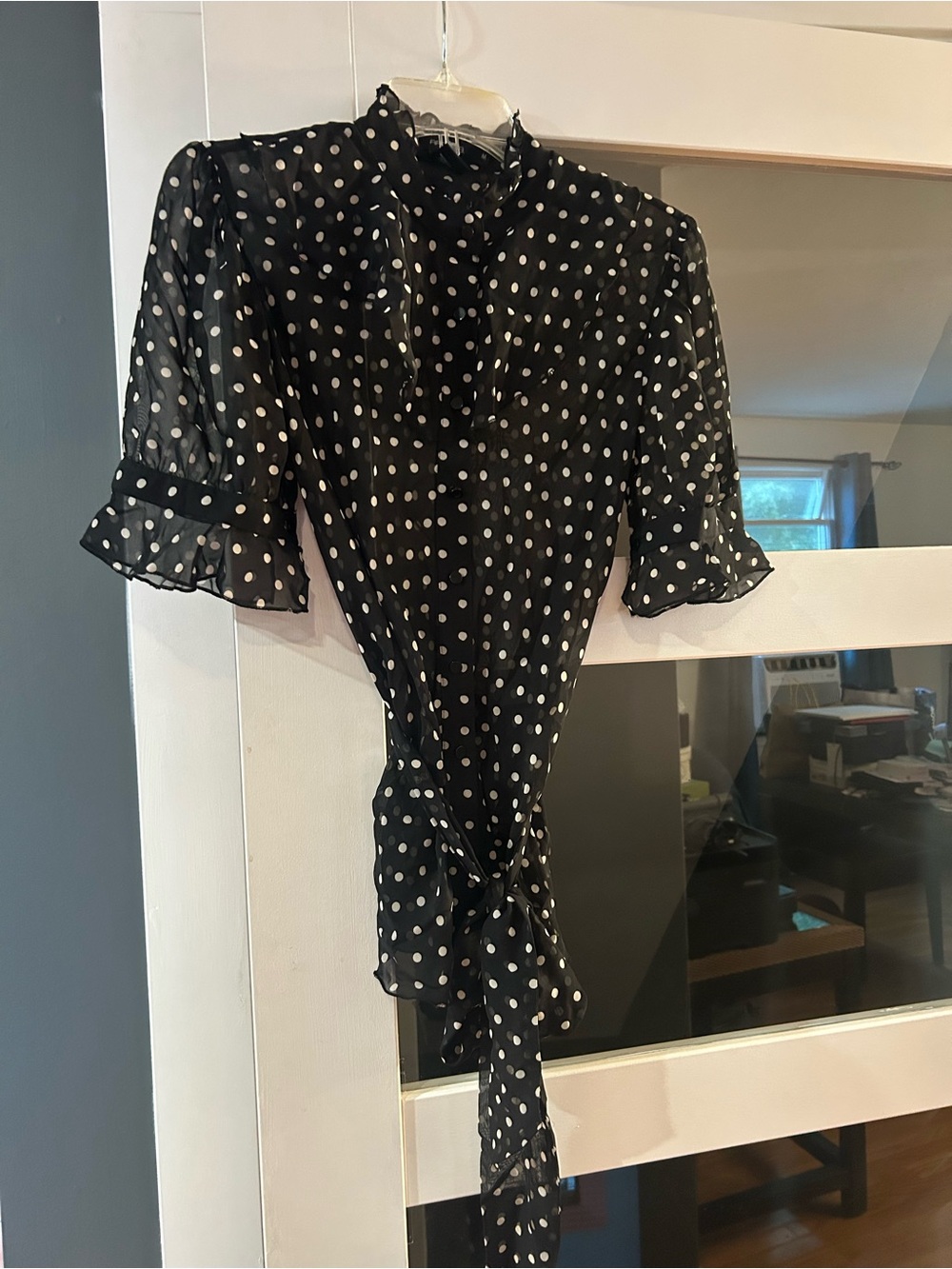 Arden B Black and White Polka Dot Tie-Waist Blouse